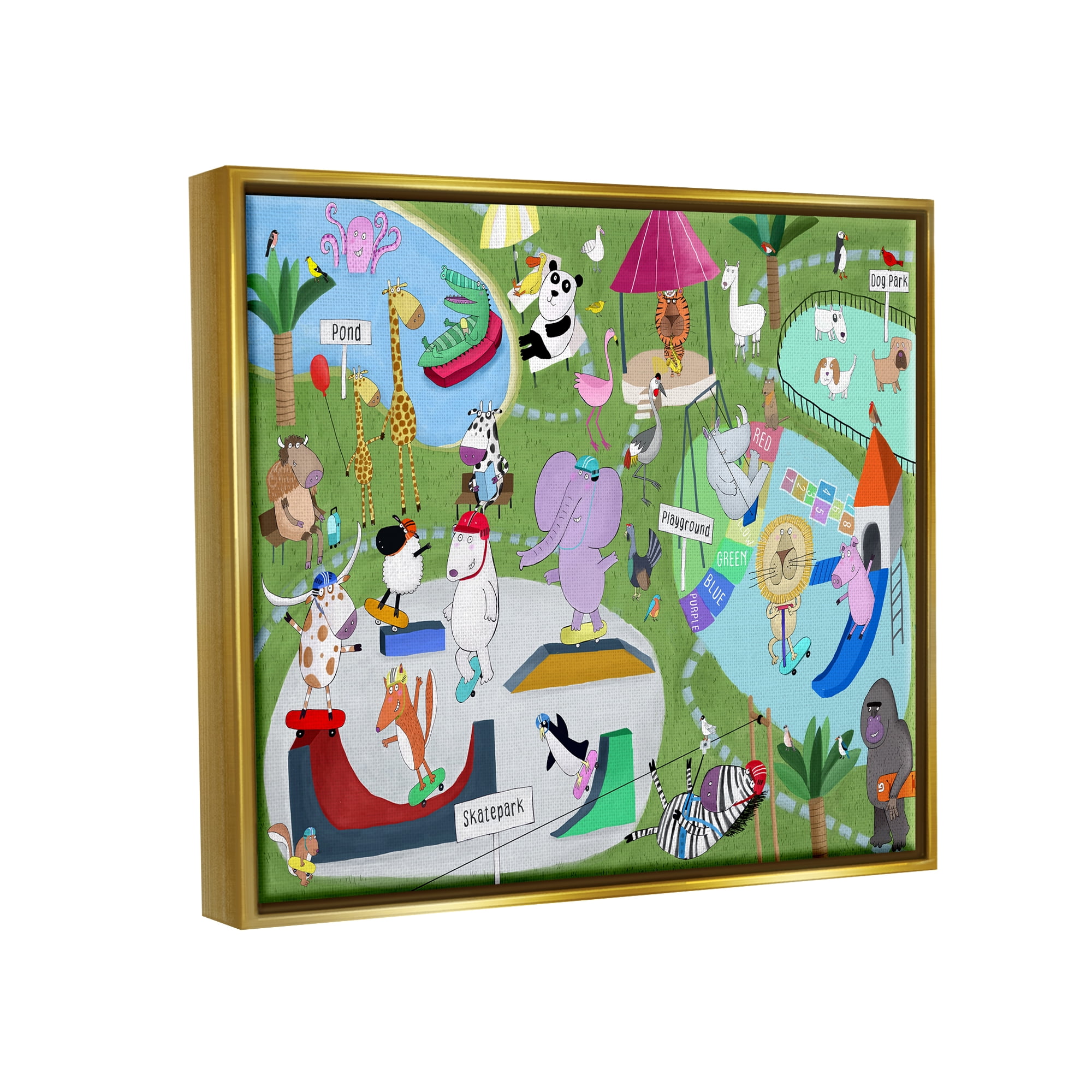Stupell Industries Animals in Skateboard Park Animals & Insects Painting Gold Floater Framed Art Print Wall Art, 21 x 17