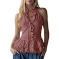thumbnail image 4 of Craaazy Boho Tops for Women Sleeveless Halter Neck Solid Color Ruffle Trim Button Down Shirts for Everyday, 4 of 7