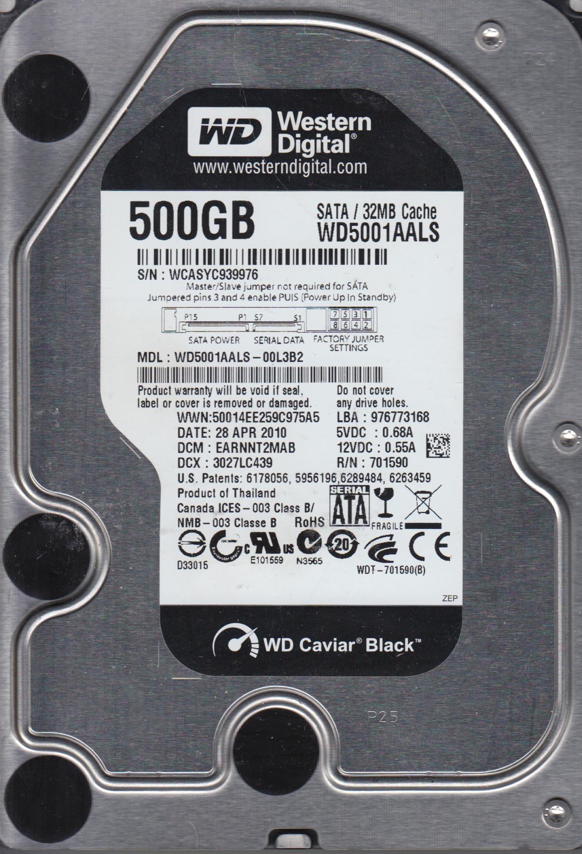 WD5001AALS-00L3B2, DCM EARNNT2MAB, Western Digital 500GB SATA 3.5 Hard ...