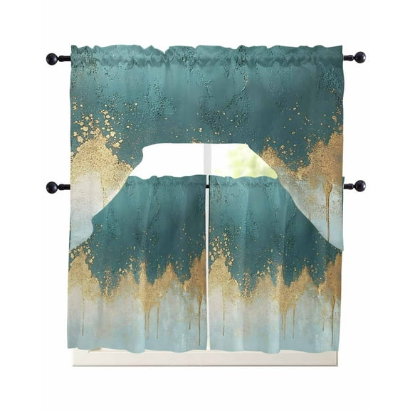 Modern Teal Turquoise Kitchen Curtains Swag Valance and Tier Curtains Set 24 Inch Length, Abstract Oil Painting Minimalist Art Rod Pocket Drape Panels Pair Swag Curtain for Bathroom/Cafe/Window