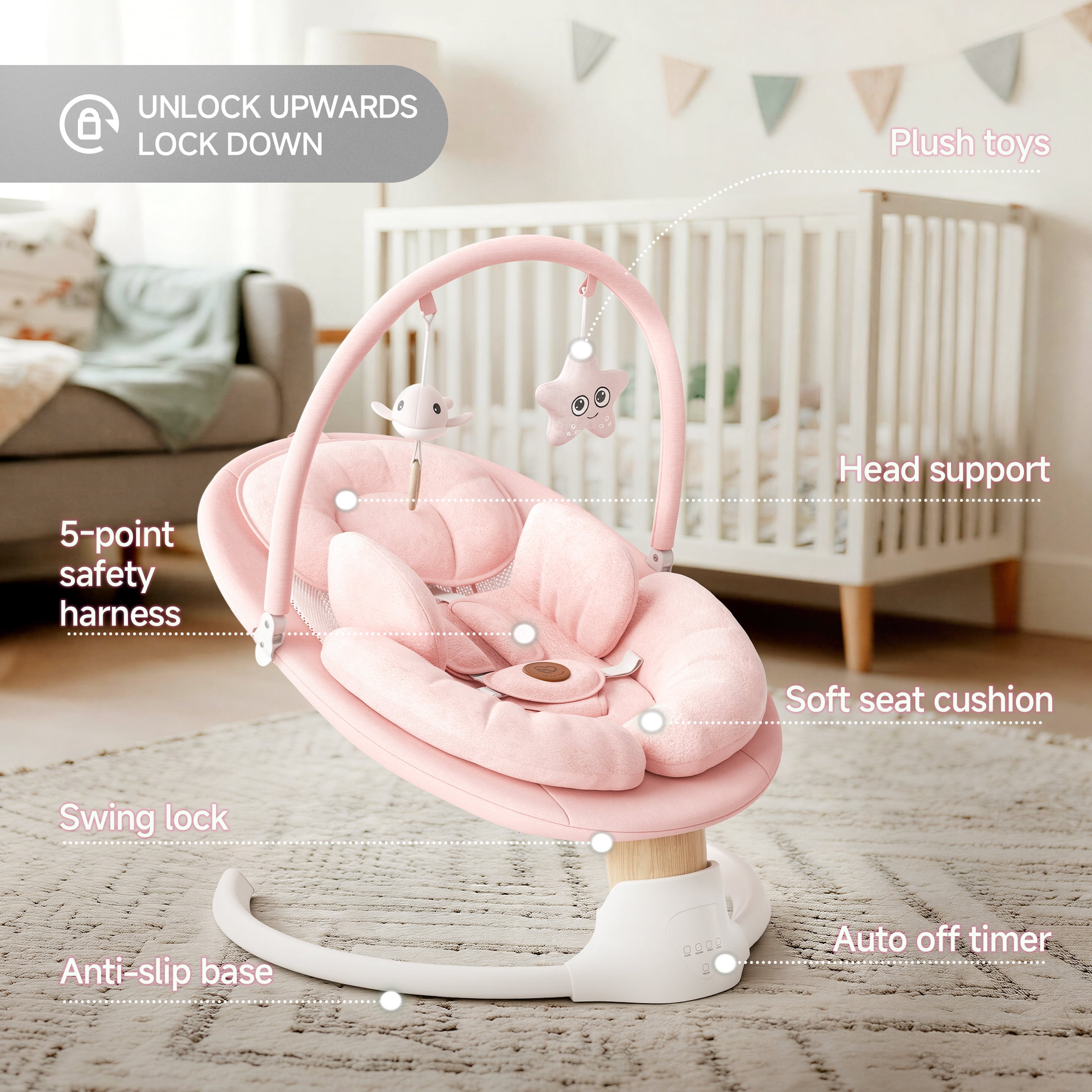 Babyomi portable baby swings for infants to toddler, Electric Swing with Music Speaker, 3 Seat Positions , 5 Speeds, and Remote Control - Infant Swing for Indoor and Outdoor, Pink