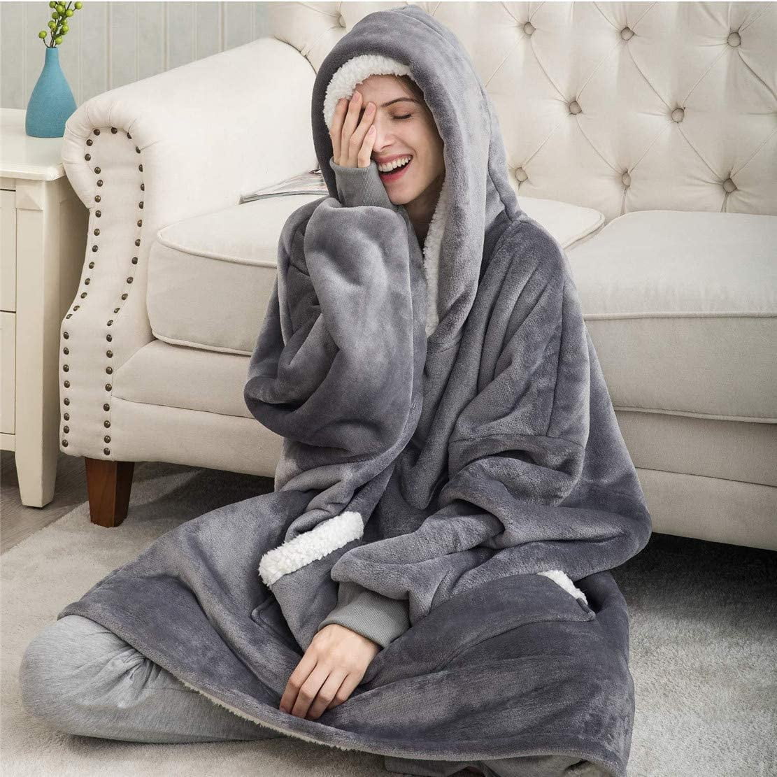 Blanket Hoodie Blanket Oversized Wearable Sherpa Hoodie with 2 Pockets Gray Walmart