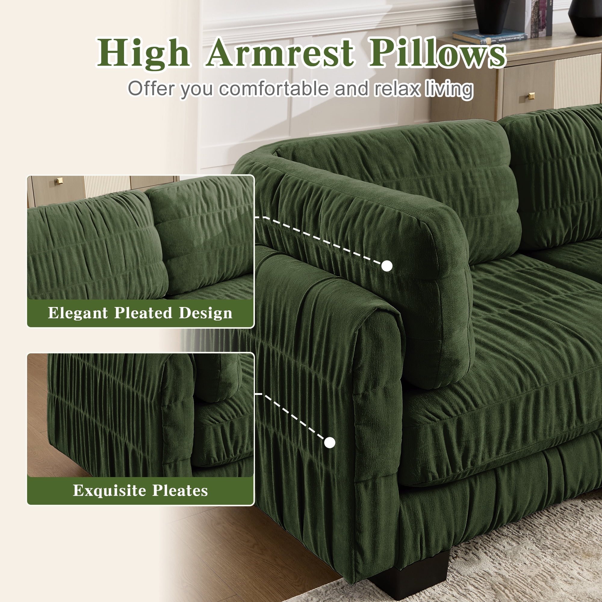 140" 4 Seat Ruched Chenille Modular Sectional Sofa with L Shape Back Cushions,Easy Assembly