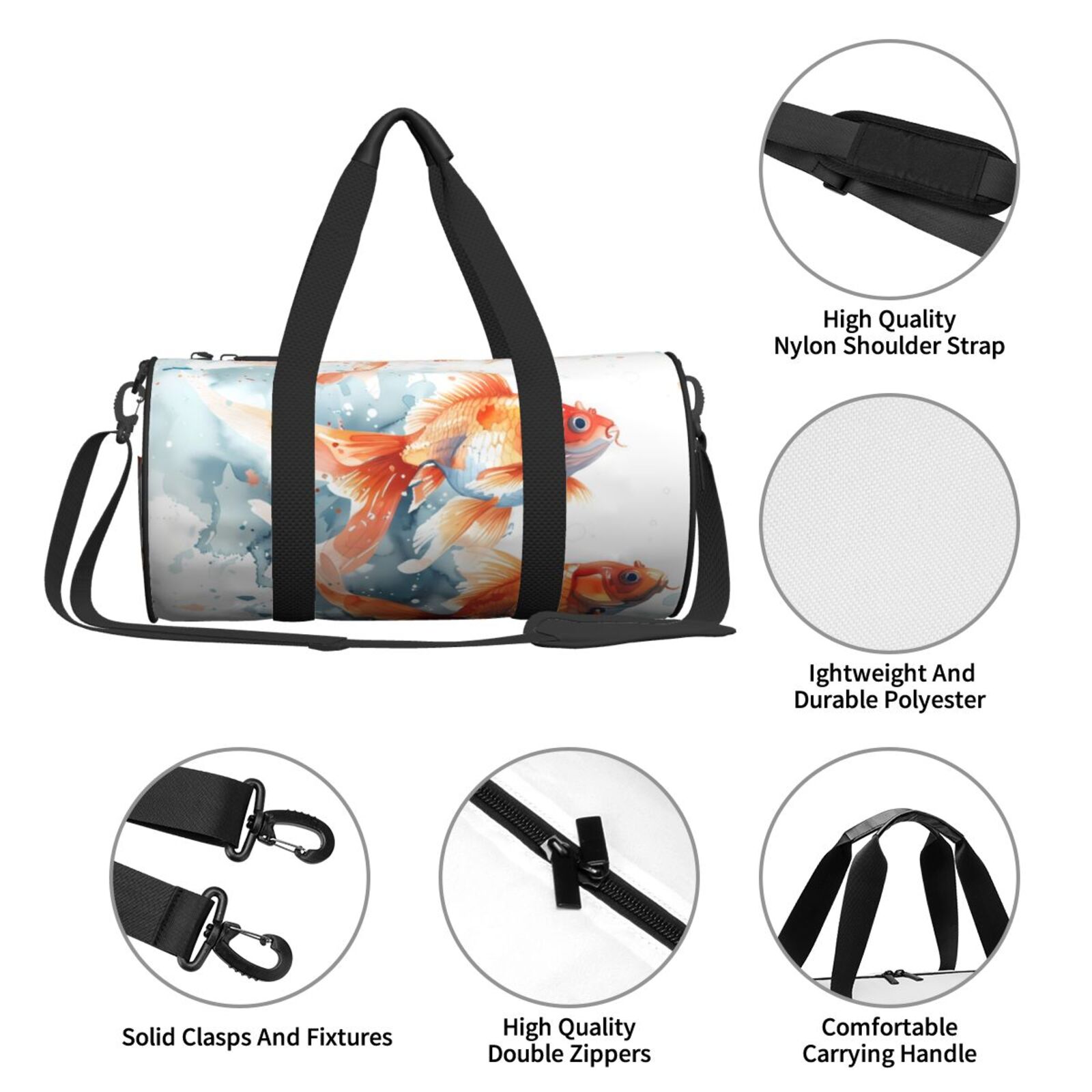 Vsdgher Three Goldfish Watercolor Splash 45L Foldable Duffel Bag, Sports Gym Bag,Overnight Bag, Portable Weekender Bag for Airplanes