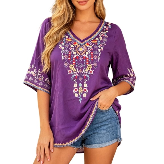 DHFJKG Bohemain T Shirt Women Ethnic Style Printed V Neck Half Sleeve Graphic Tee Fashion Summer Vacation Clothes Comfy Tops