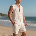 thumbnail image 4 of FRSASU Men's Cotton Linen Sets 2 Piece Outfits Button Down Tank Tops Summer Beach Casual Short Sleeve Hippie Shirts Matching Shorts Set White, 4 of 9
