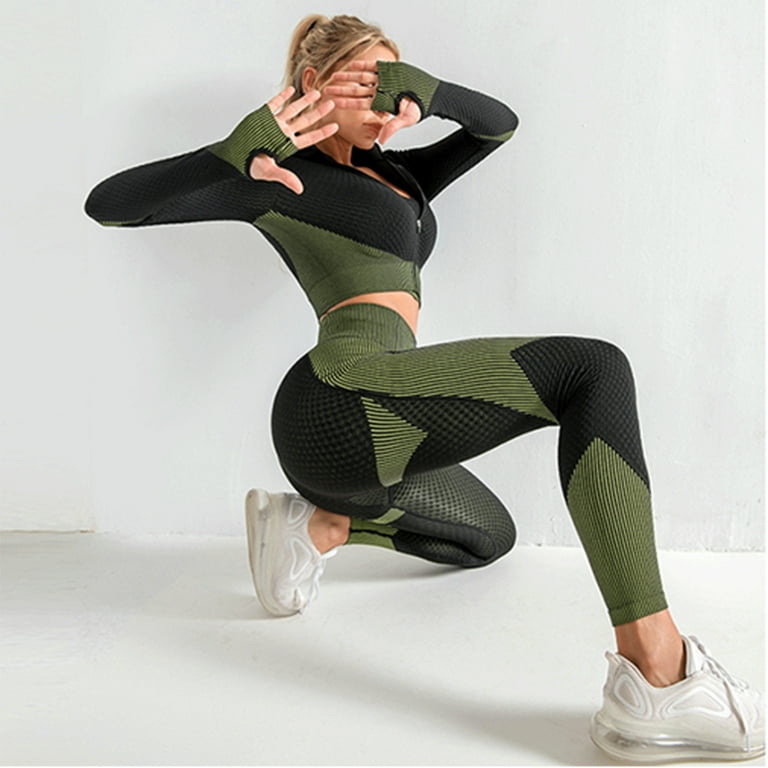 Women Tracksuit Outfits Yoga Set Fitness High Waist Leggings Gym Zipper  Running Fitness Sport Gym Set Long Sleeve Yoga Clothing Color:  GreenShirtsPants, Size: L