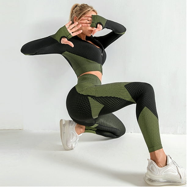 Women's Workout Outfit 3 Pieces Tracksuit-Seamless Hip lift Yoga Leggings  and Stretch Sports Bra Gym Clothes Set 
