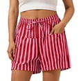 thumbnail image 2 of Cagogo Women's Striped Elastic Waist Casual Shorts Loose Wide Leg Drawstring Lounge Trousers Plus Size Flowy Beach Travel Summer Shorts, Red XL, 2 of 6