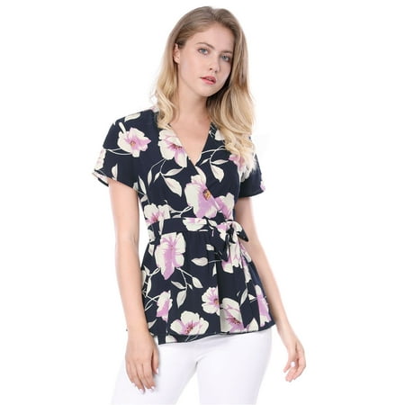 Unique Bargains Women's V-neck Floral Print Self-tie Waist Wrap Peplum Top