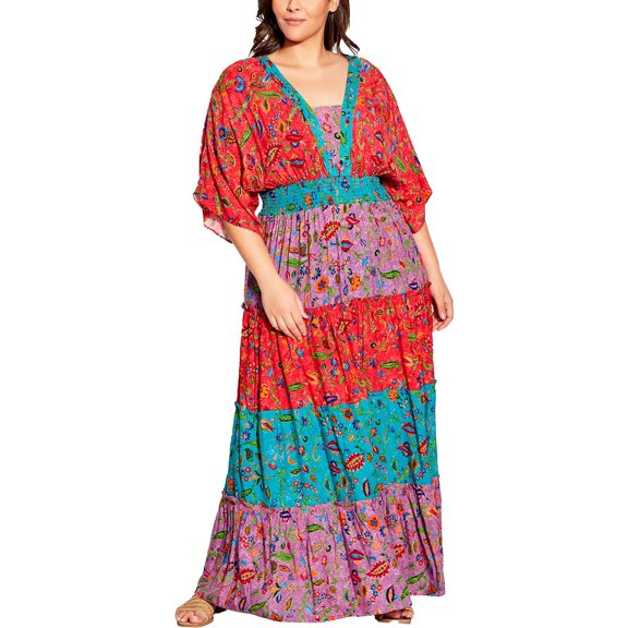 Avenue Womens Plus Smocked Long Maxi Dress
