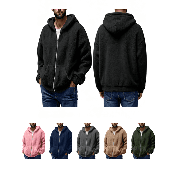 Busydd Plus Size Fleece Jackets for Men Casual Solid Color Long Sleeve Zip up Hoodie Warm Winter Fuzzy Men Hoodies with Pockets 2XL