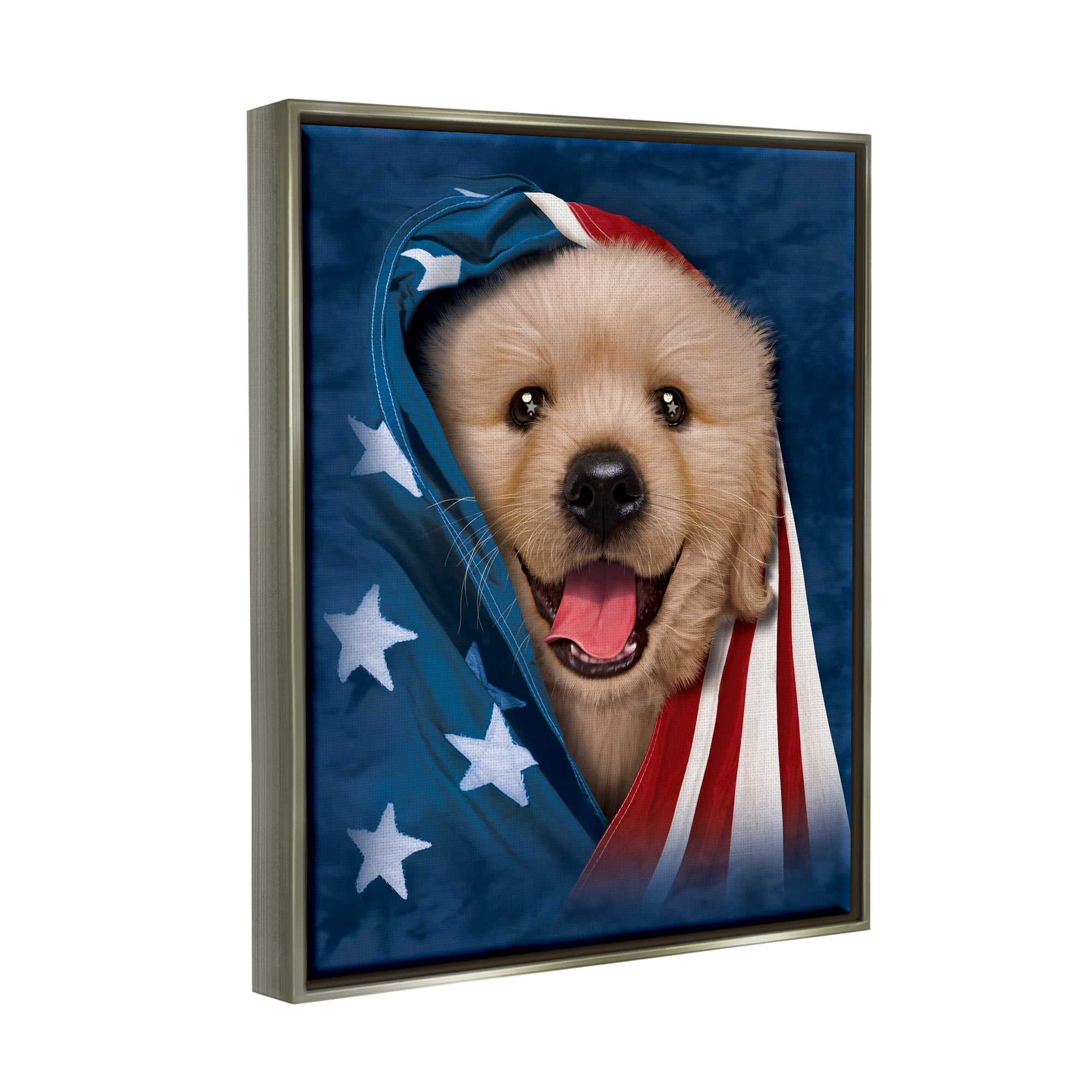 Stupell Industries Puppy & American Flag Animals & Insects Painting Gray Floater Framed Canvas Art Print Wall Art, 17 x 21