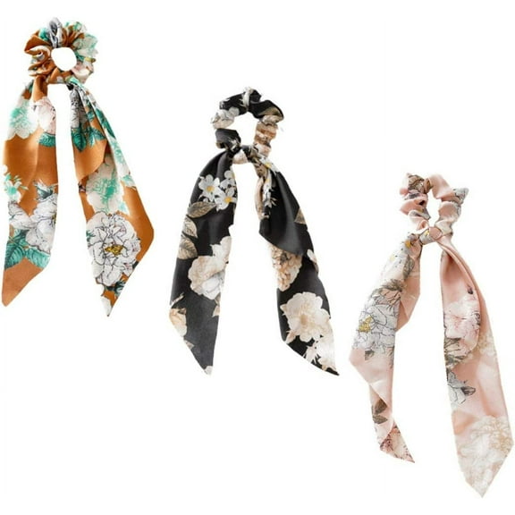 NAMZI 3 Packs Scarf Scrunchies, Polka Dot Daisy Flower Hair Scarf Scarves, Satin Silk Long Tails Scrunchy, Bowknot Hair Bands, Elastics Ponytail Holder, Donut Hair Ties for Women Girls (Style2)