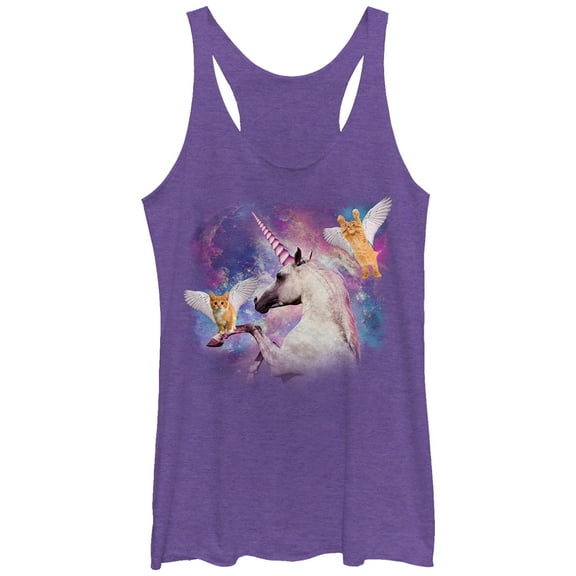 Women's Lost Gods Unicorn and Flying Cats in Space  Racerback Tank Top Purple Heather X Large