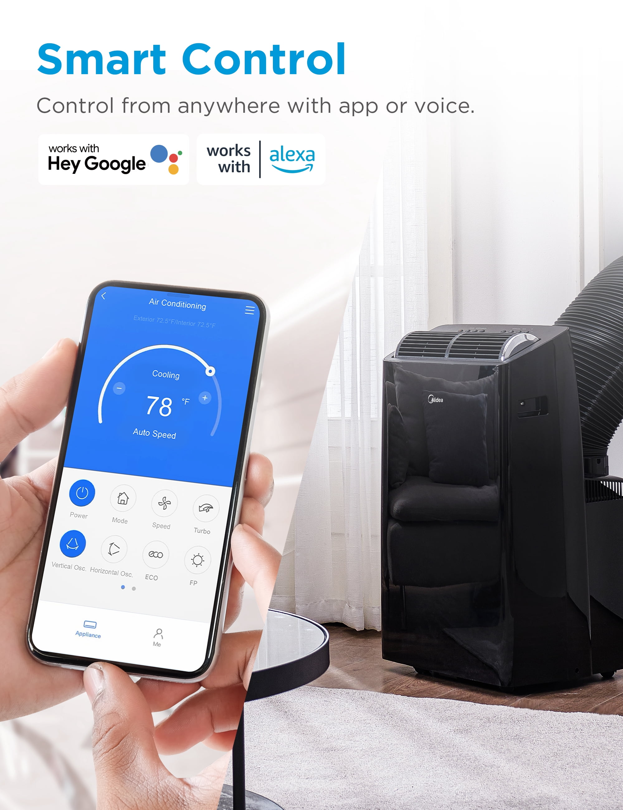 Midea Duo 12,000 BTU Portable Air Conditioner, High Efficiency Inverter, 4-In-1 Heat, Fan, Dehumidifier, Cool, Wi-Fi and Alexa, Black