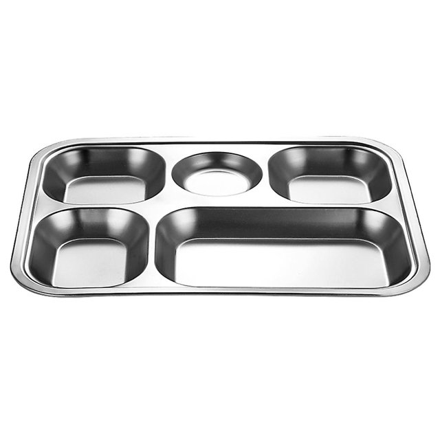 Bandeja de cena dividida 3/4/5, contenedor de almacenamiento de comida para cantina escolar, círculo pequeño, cinco cuadrículas, plata Feliz Sencillez