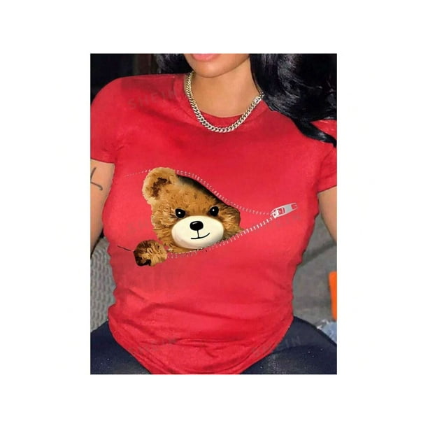 Camiseta de manga corta y cuello redondo para mujer con estampado de oso para uso casual en primavera y verano Color Rojo Talla Mediana Marca Emil SaEs