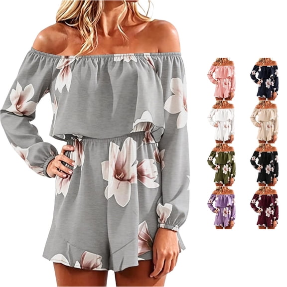uvwlwu Women Floral Print Off Shoulder Romper Ruffle Layer Long Cuffed Sleeve Elastic High Waist Short Jumpsuit Stylish Casual Everyday Summer Vacation Outfit,S