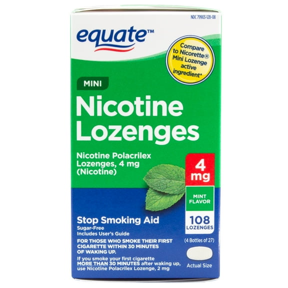 Equate Mini Nicotine Lozenges 4 mg, Mint Flavor, 108 Count – Stop Smoking Aid, Compare to Nicorette®