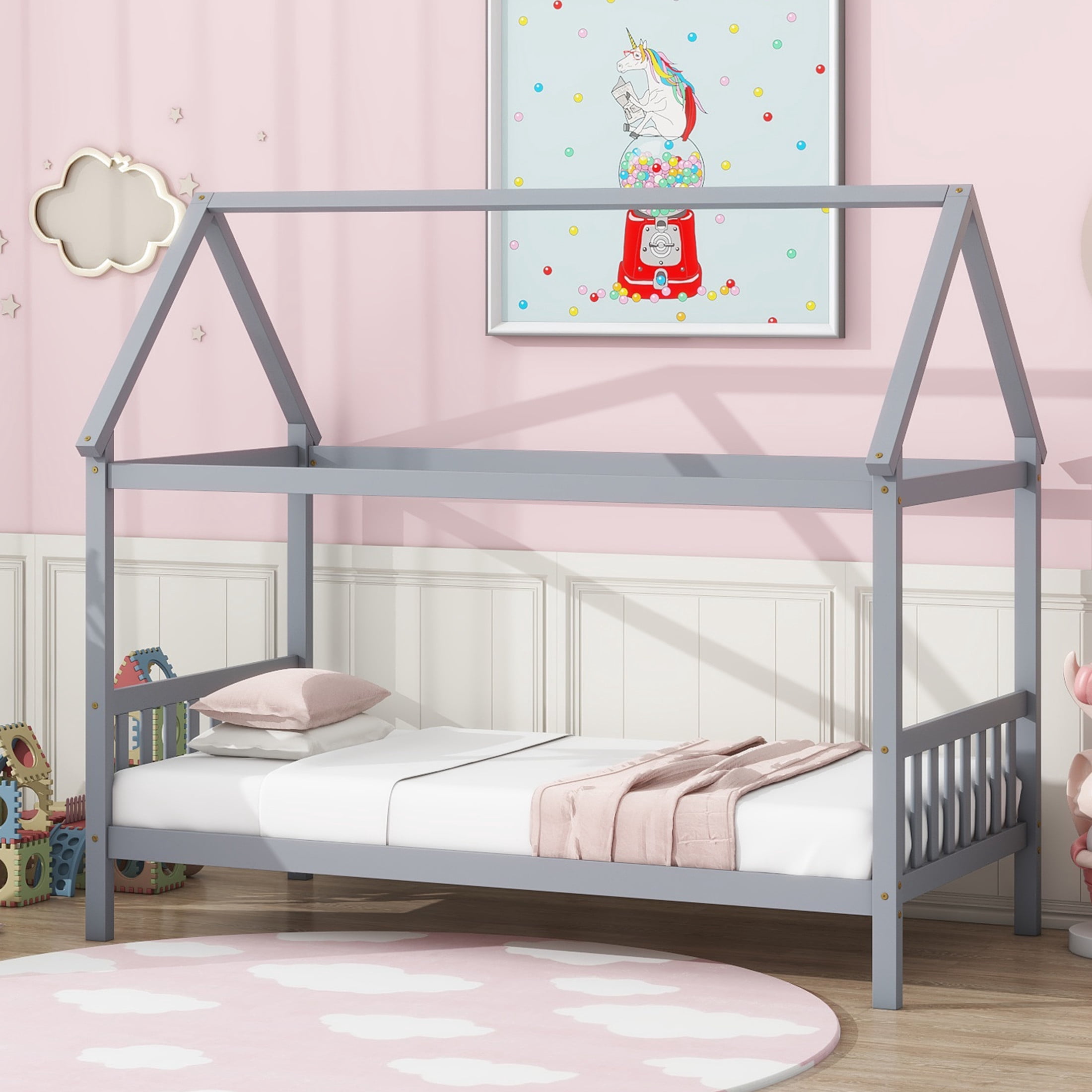 Noble House Lois Twin House Canopy Bed, Rubber Wood Frame with House-Shaped Design and Headboard Footboard, Light Grey