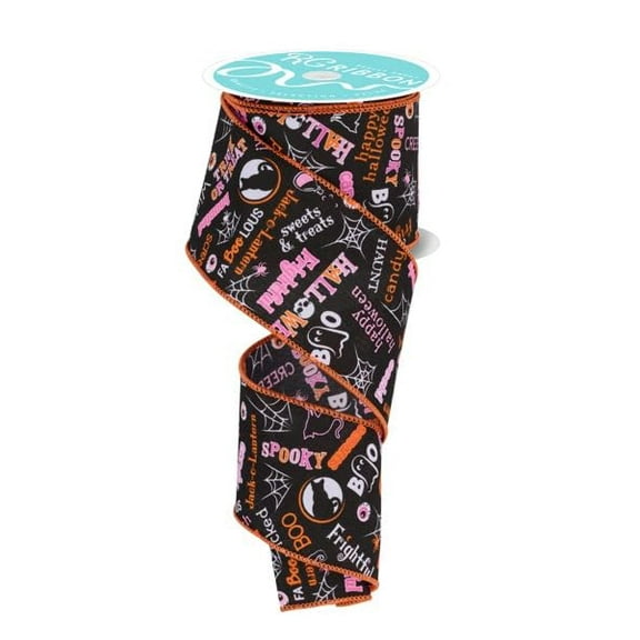 Halloween Words Wired Ribbon, Black Pink Orange Light Pink - 2.5 Inches x 10 Yards (30 Feet)