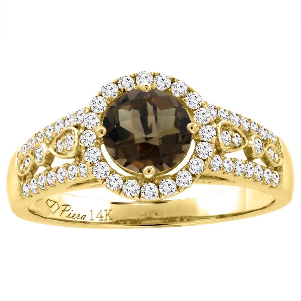 14K Yellow Gold Diamond Natural Smoky Topaz Engagement Halo Ring Round 7 mm, size 5.5 by Gabriella Gold