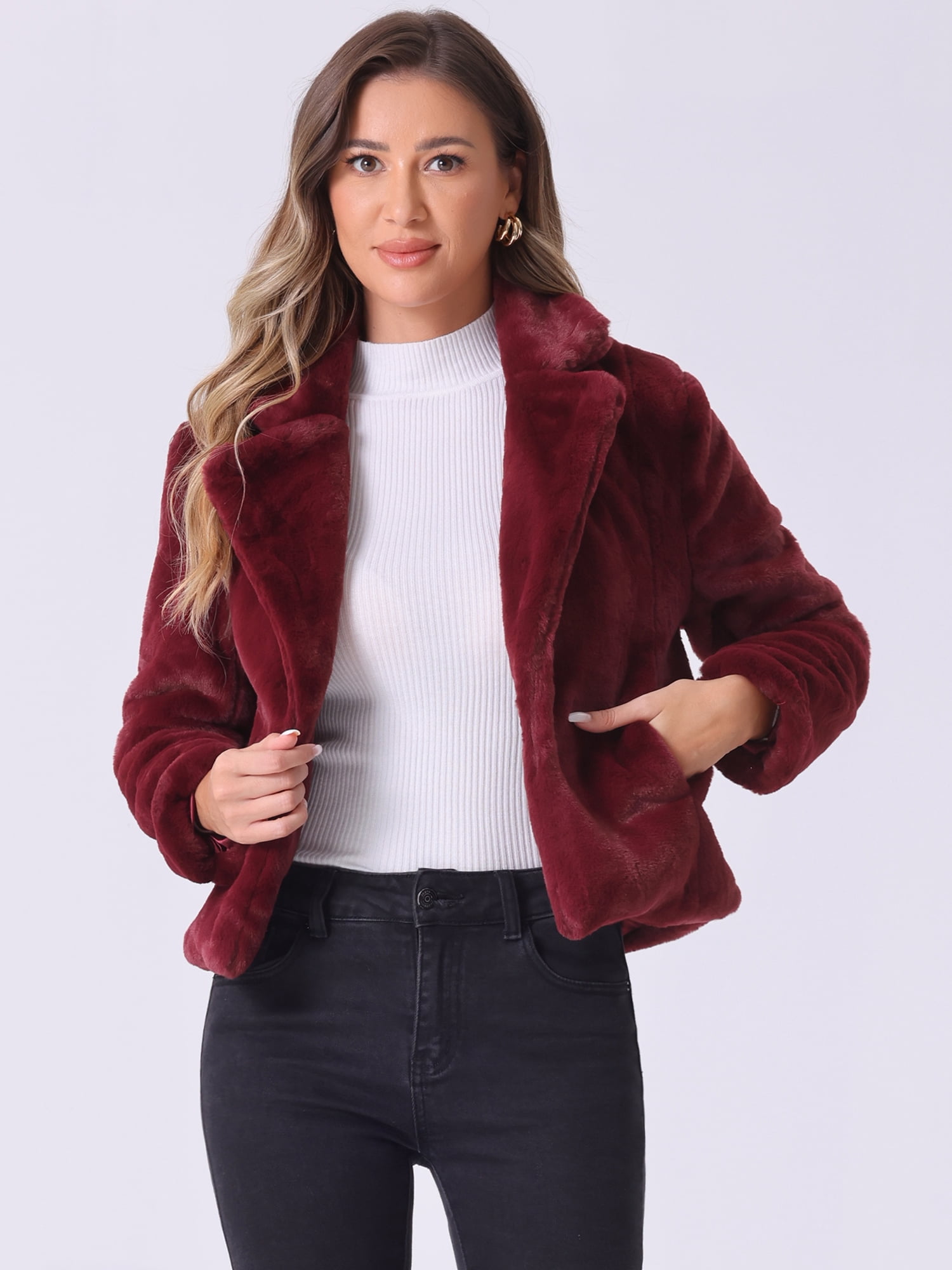 DARING DIVA Women's Cropped Notch Lapel Faux Fur Fluffy Coat XS Burgundy