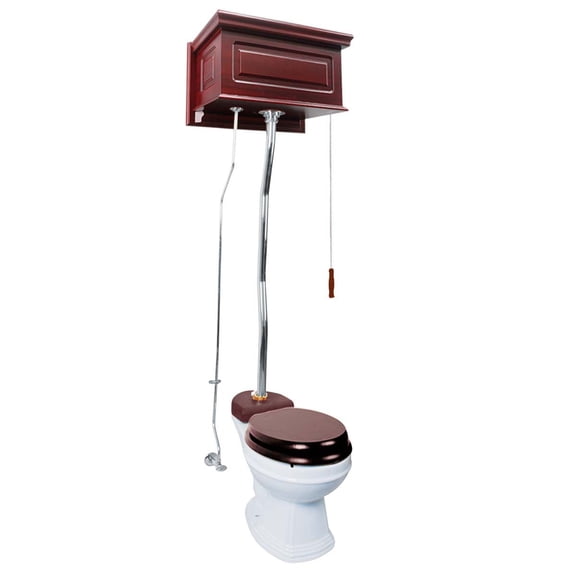 Cherry Finish High Tank Pull Chain Toilet Wooden Tank Round Top Entry Porcelain Bowl and Chrome Z Pipes Adjustable Height 59 to 74" Tall Toilet w/Hardware Renovators Supply