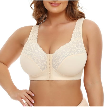 Ersazi Nursing Bra Plus Size Women Rimless Lace Cup Front Button Thin Large Bra Sexy Underwear on Clearance Beige L
