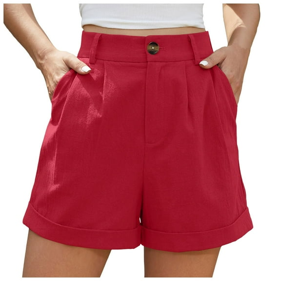 WENWU Shorts for Women Women Summer High Waist Linen Shorts Roll Up Pleated Zippered Wrap Hem Wide Leg Shorts With Pockets