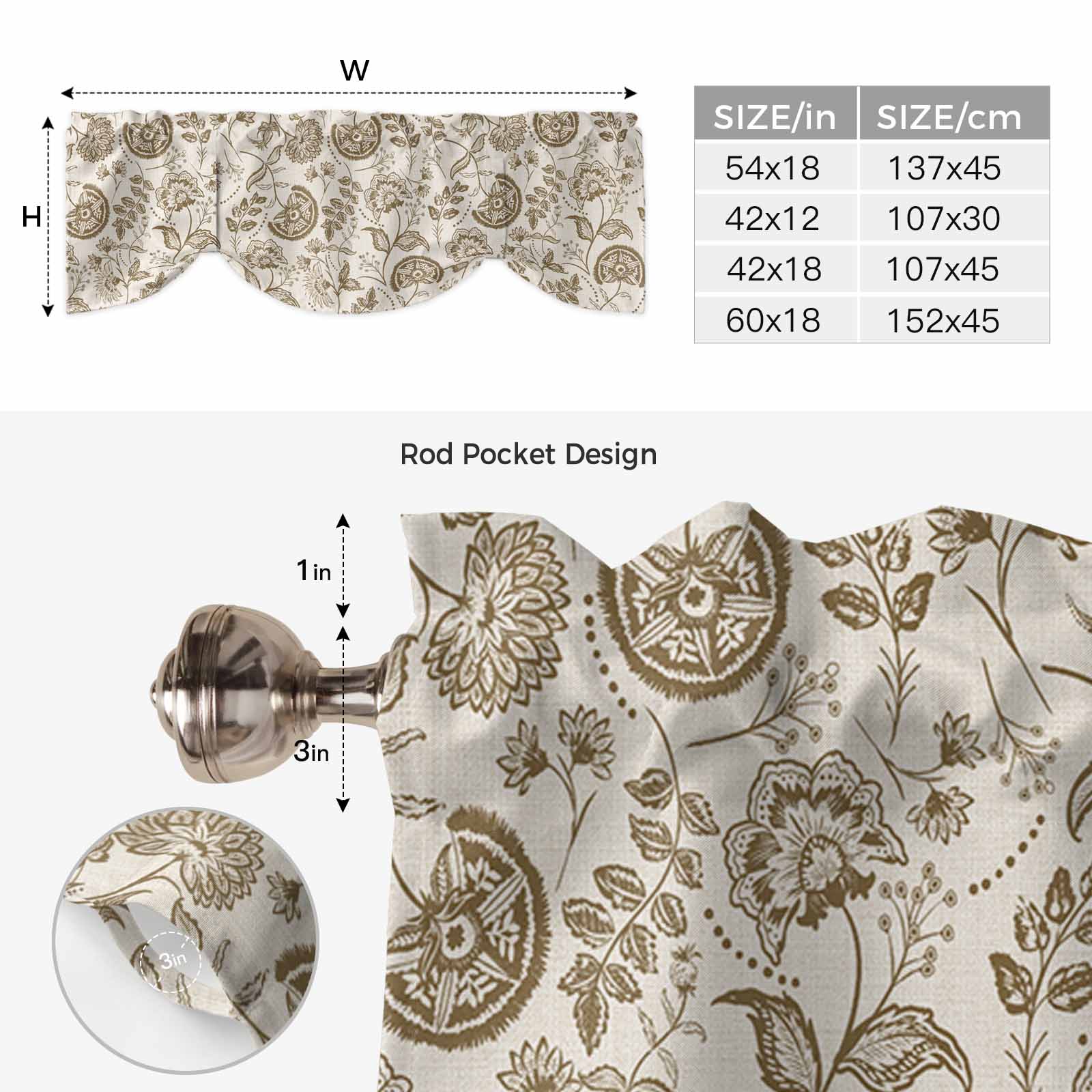 Farmhouse Brown Floral Tie Up Valances Curtain, Linen Boho Flower Rustic Country Adjustable Rod Pocket Short Window Treatment Tie Up Curtains Valances for Kitchen Living Room Bathroom 54x18 Inches