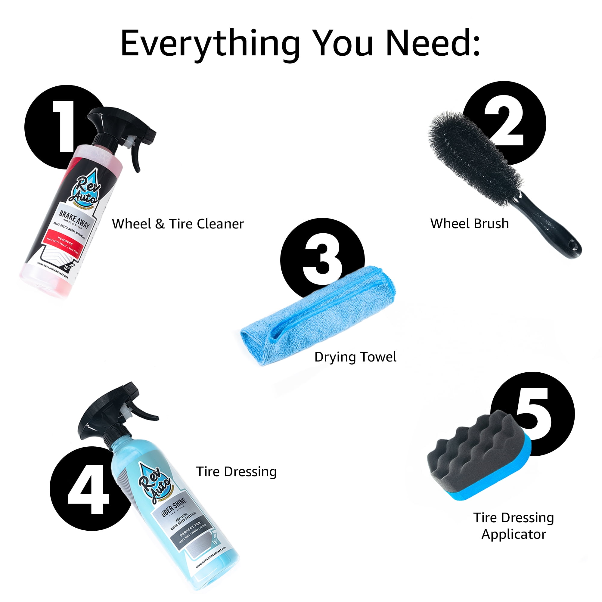 REV Auto Complete Wheel Cleaning Kit - 5 Item Car Washing Kit Includes Car Wheel and Tire Cleaner, Wheel Brush, Tire Shine, Tire Shine Applicator, and Drying Towel - Ideal for All Wheels & Tires