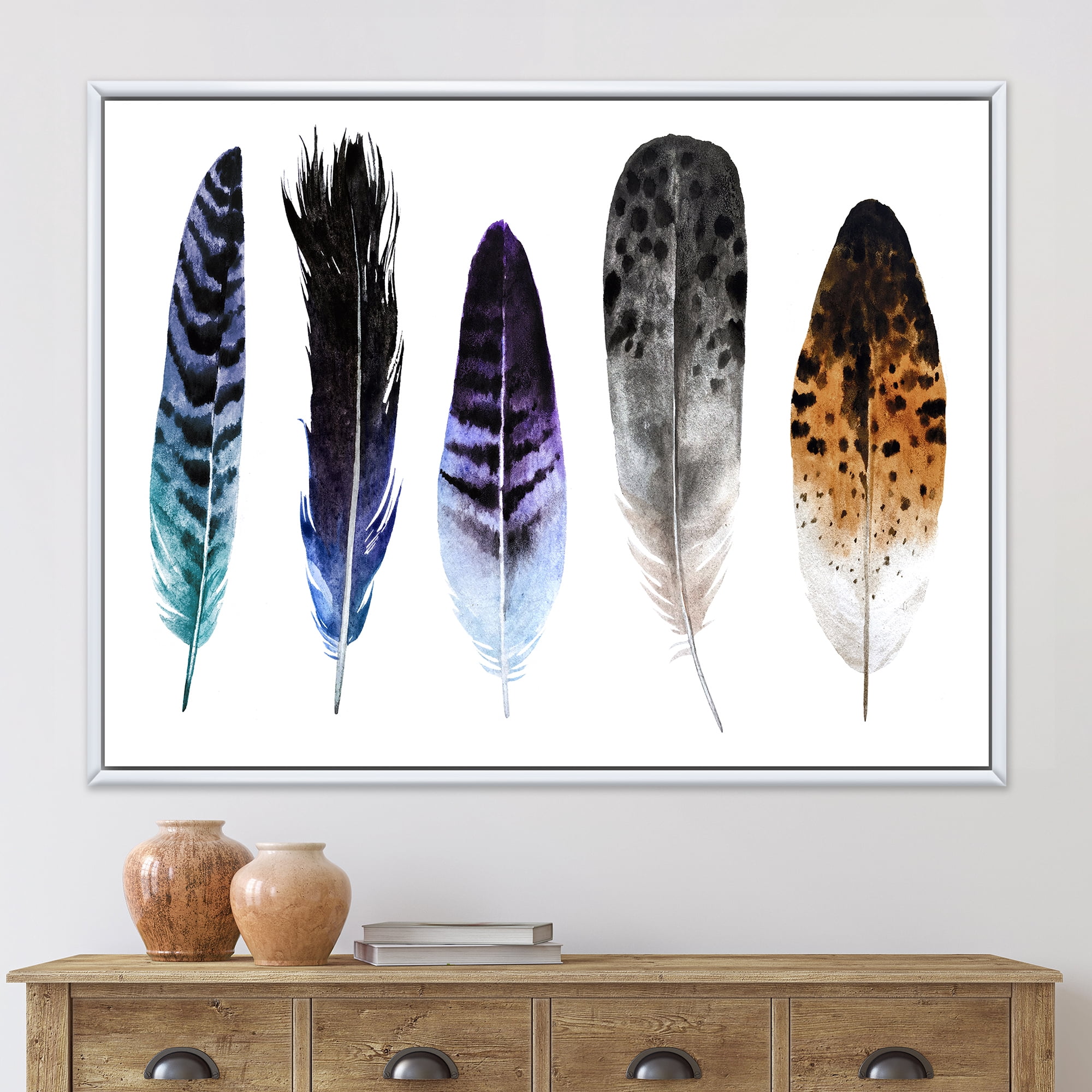 Designart 'Colourful Boho Art Feathers II' Bohemian & Eclectic Framed Canvas Wall Art Print