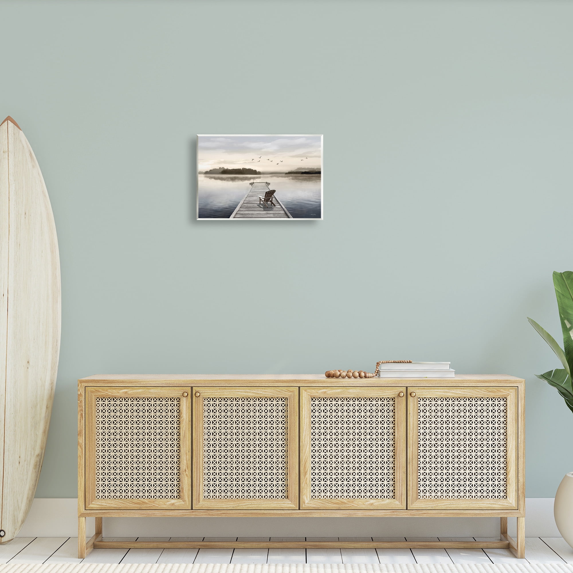 Stupell Industries Beach Chair on Dock Landscape Painting Unframed Art Print Wall Art, 19 x 13
