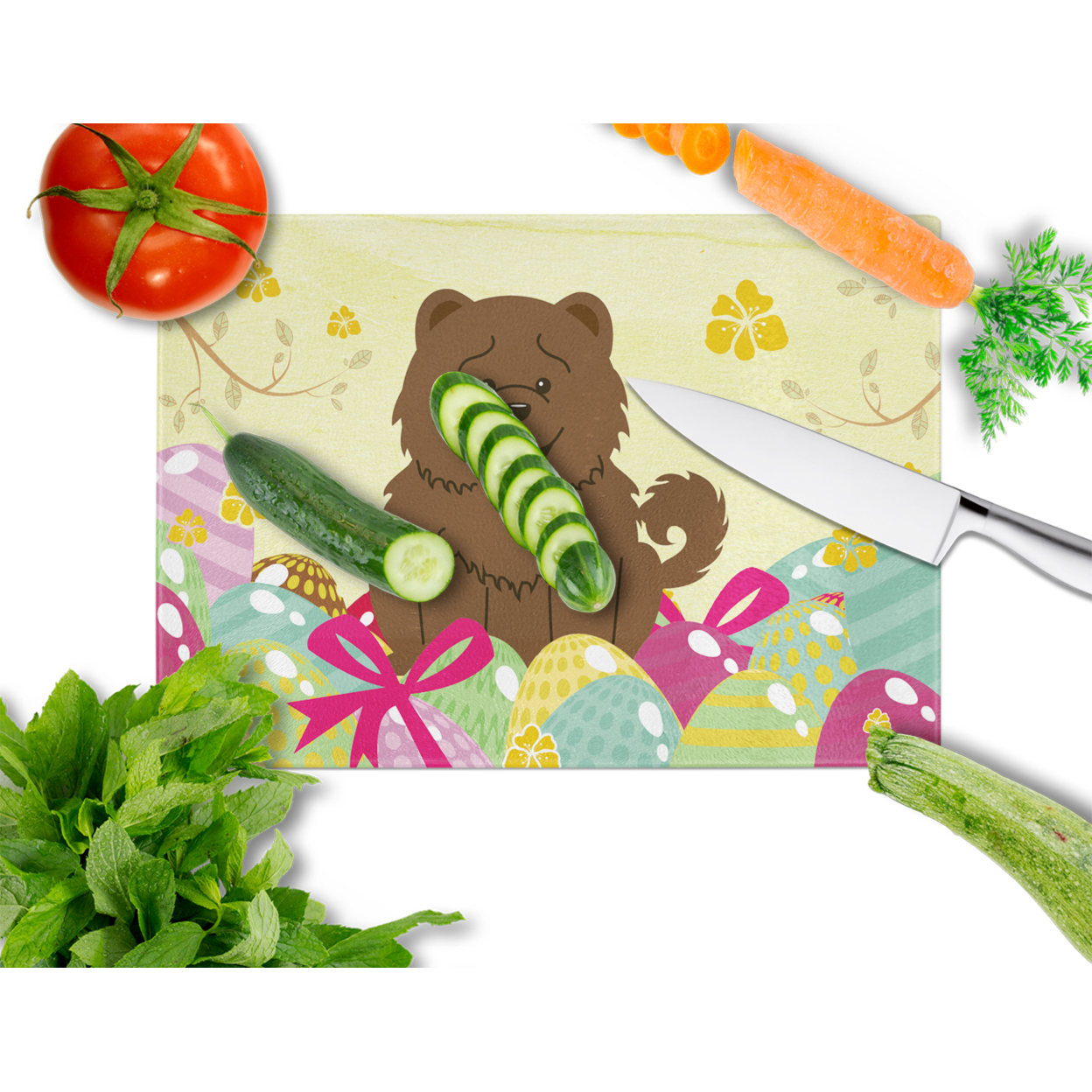 Carolines Treasures BB6141LCB Easter Eggs Chow Chow Chocolate Glass Cutting Board Large, 12H x 16W, multicolor