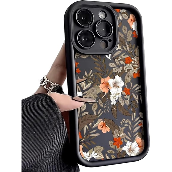 Phone Case for Women/Girls, Retro Flower Shockproof Bumper Soft Matte Case for iPhone Compatible with iPhone 15 Pro, Black