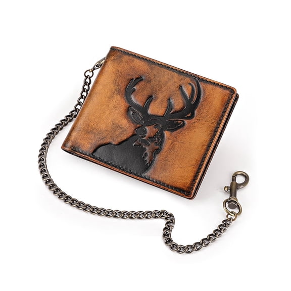 TAZAG tri-fold genuine leather wallet with metal anti-theft chain, multi-card slots, RFID first-layer cowhide wallet