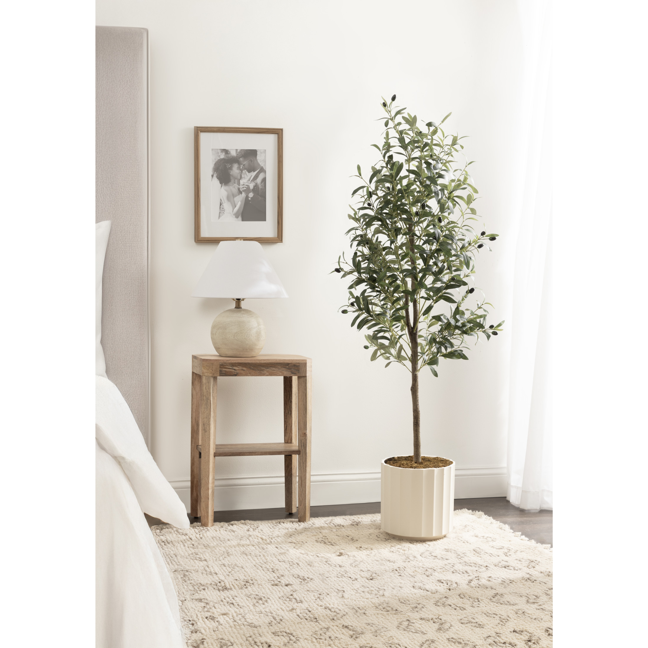 Kate and Laurel Oliveira Faux Olive Tree with Jibbs Scalloped Planter Pot, 5 FT, White, Potted Artificial Olive Plant Tree with Realistic Foliage and Added Moss, Fake Plant for Living Room Decor
