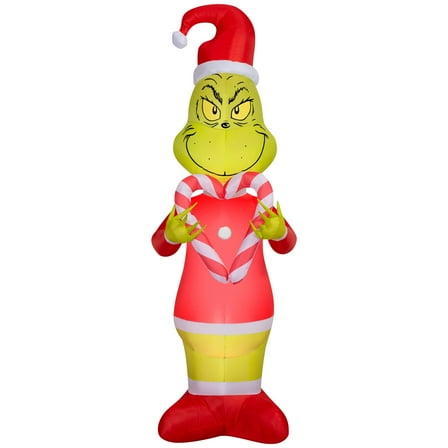 Gemmy Christmas Airblown Inflatable Grinch Holding Candy Cane Hearts S LG Dr. Seuss, 6.5 ft Tall