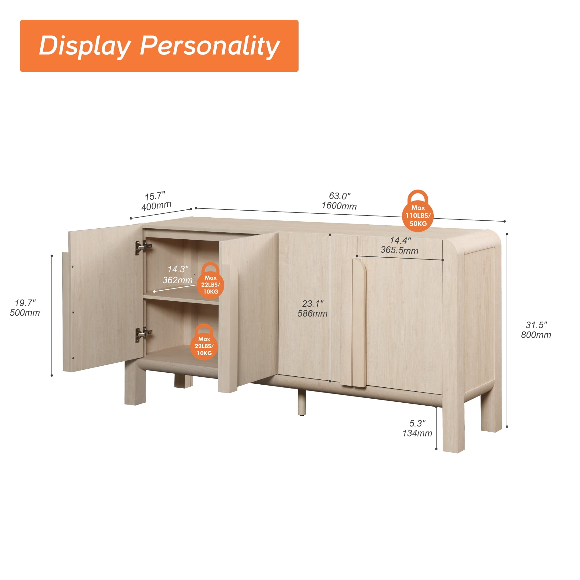 Modern 63" TV Stand with Storage, Entertainment Center with Adjustable Shelves,Wooden TV Console with 4 Doors for Living Room