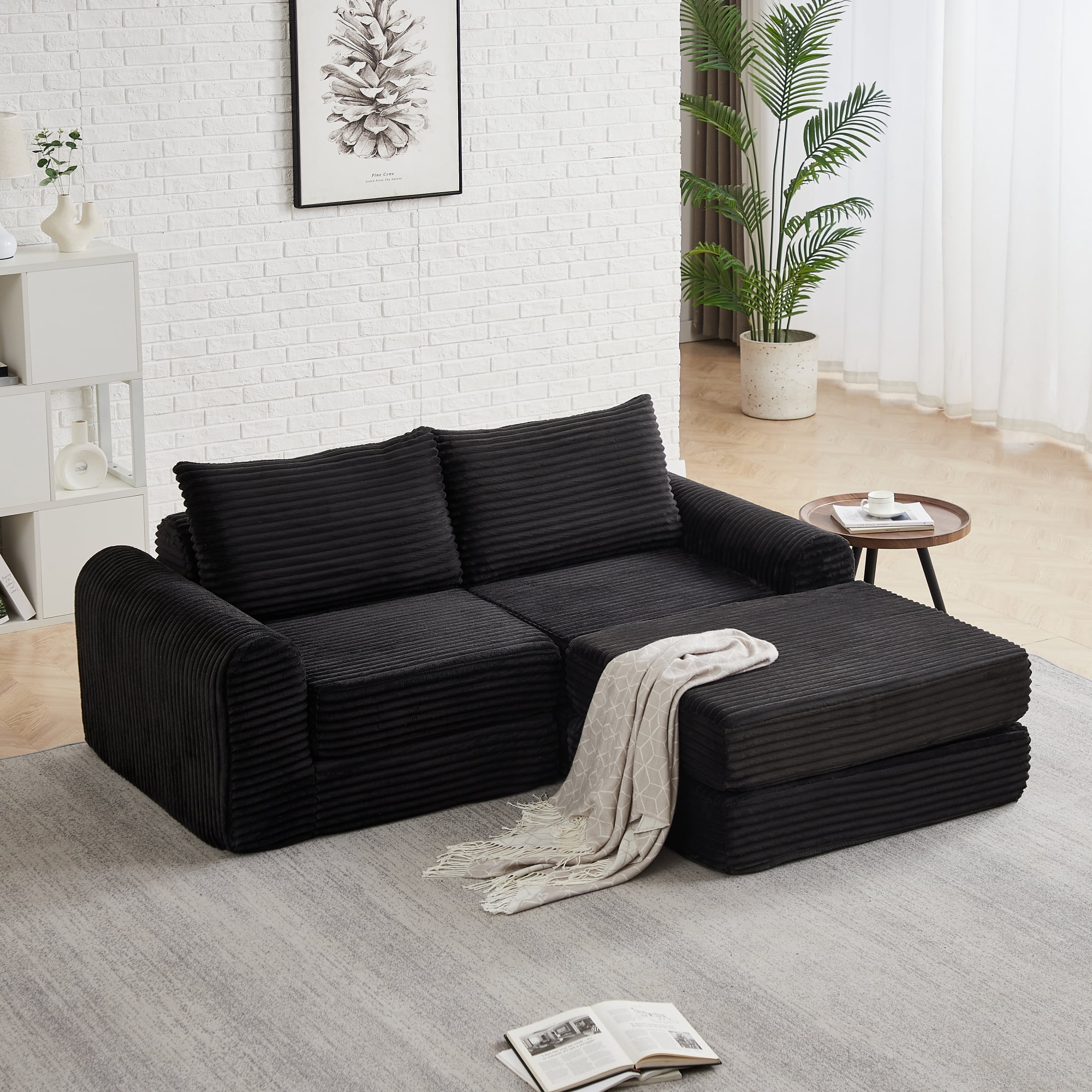 2-in-1 Corduroy Convertible Sleeper Sofa Bed with with Two Throw Pillows & Curved Lines for Living Room,Easy Assembly,Black