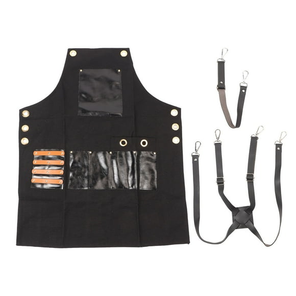 Black Canvas Hair Stylist Apron Salon PU Leather Waterproof Adjustable Barber Apron with Pockets