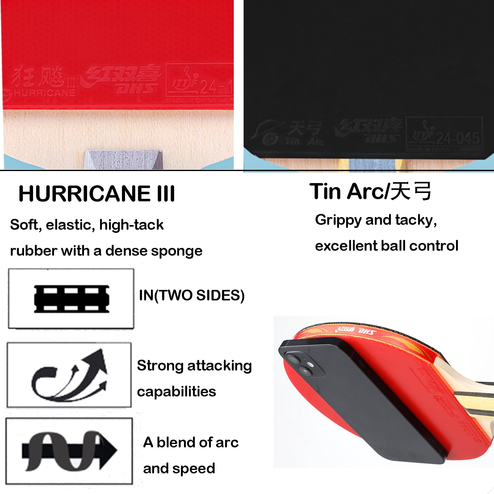 DHS Ping Pong Paddles Professional Table Tennis Racket with Hurricane Rubber Carrying Case - ITTF Approved Rubber for Tournament Play