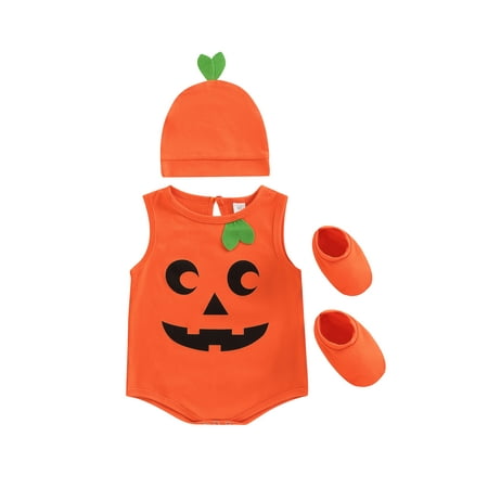 

Sunisery 3Pcs Toddler Baby Boys Girls Halloween Clothes Set Smiling Ghost Face O-Neck Snap Romper + Beanie Hat + Socks