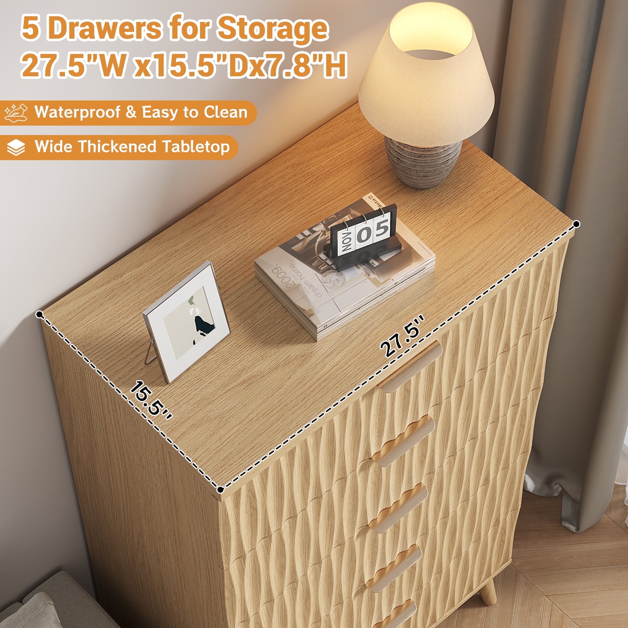 47" Tall 5 Fluted Drawer Dresser, Solid Wood Chest of Drawers with Glossy Handle, Storage Cabinet for Bedroom, Living Room, Entryway