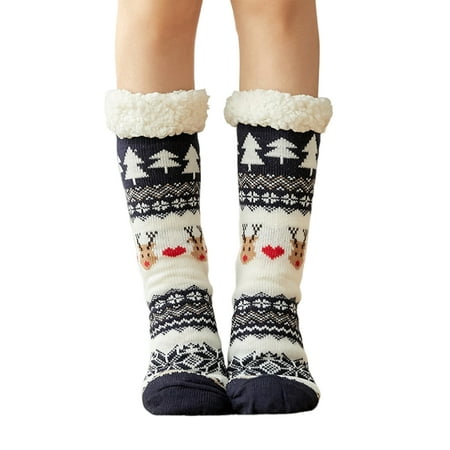 

Yamaler 1 Pair Floor Socks Mid-calf Sherpa Lining Stretchy Soft Christmas Reindeer Pattern Feet Protection Non-slip Winter Thermal Women Indoor Home Slipper Sleeping Socks for Home