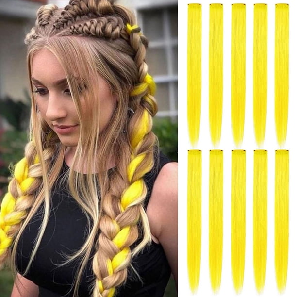 FYHTSD 10 piezas de 21 pulgadas, accesorios para el cabello de princesa amarilla, piezas de peluca, extensiones de cabello de colores con clip para niñas, fiesta navideña de Halloween, resaltado de mú