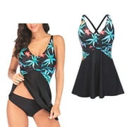 Women's Plus Size Two Pieces Bikini Criss Cross Back V Neck Shirred Floral Tankini Swimsuit 2XL
