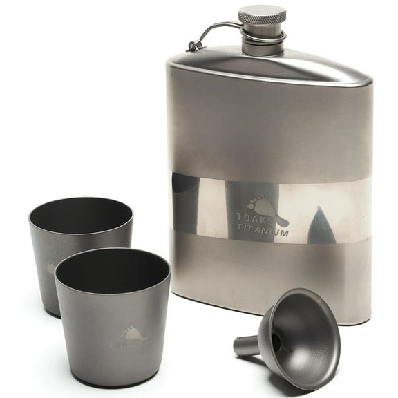 TOAKS Titanium Flat Flask Set (1 Flask, 2 Shot Glasses, 1 Funnel)